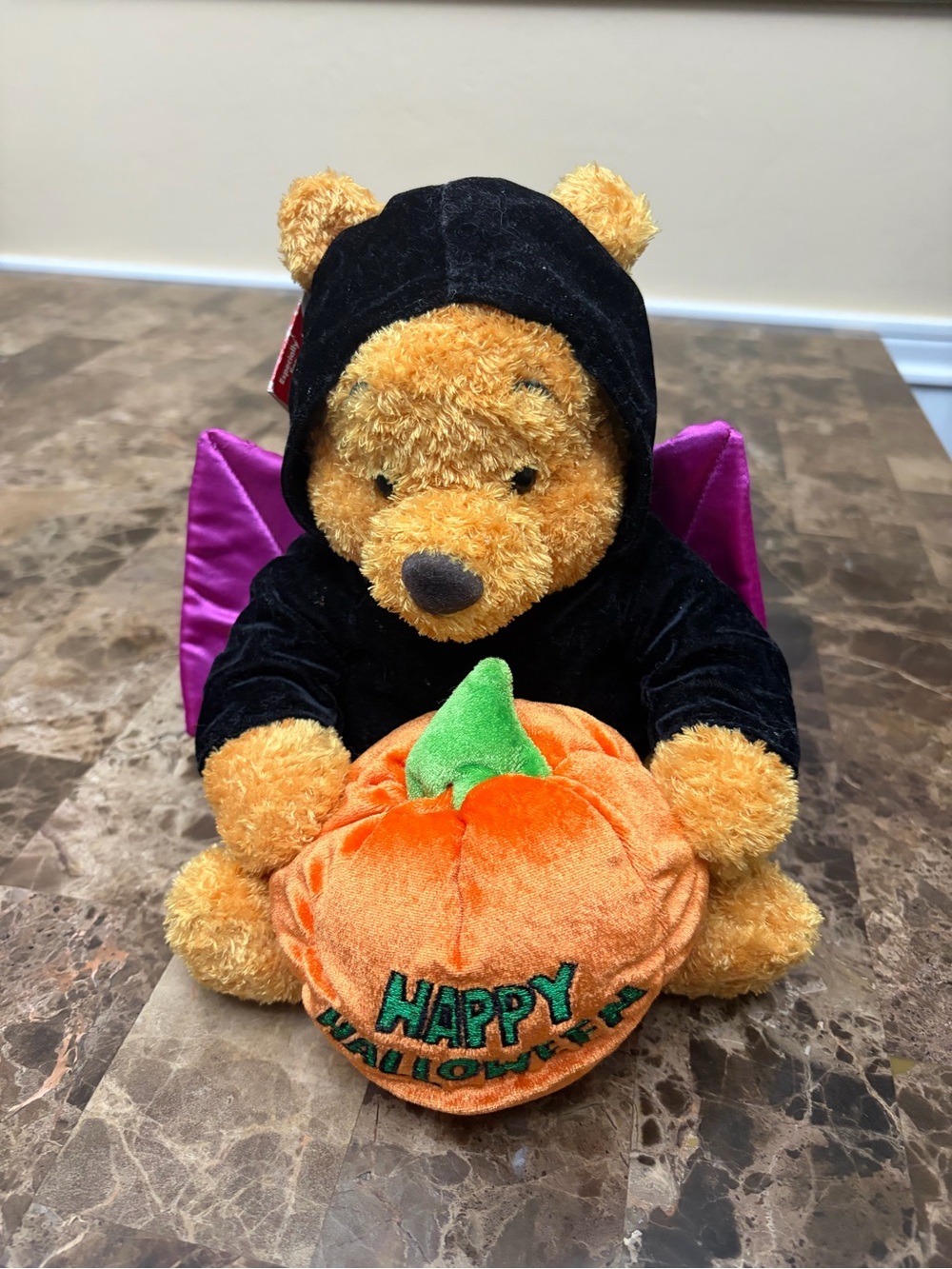 Disney Orange Pooh Plush Bear in Black Hoodie with Purple Wings and Pumpkin